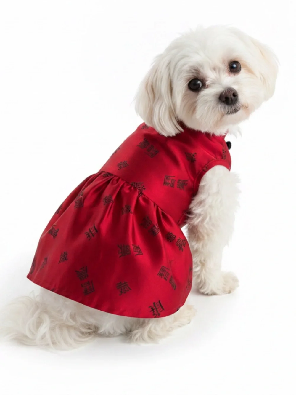 Dog Chinese New Year Red Cheongsam Dress with Black Bow